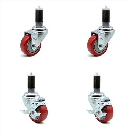 3.5 Inch Red Polyurethane Swivel 1-1/8 Inch Expanding Stem Caster Brake, 2PK